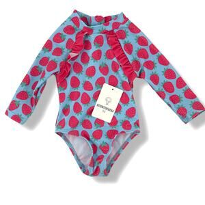 Strawberry PIcnic Ruffle Long Sleeve Rashguard Swim Suit Baby Girl Sz 3 Mos